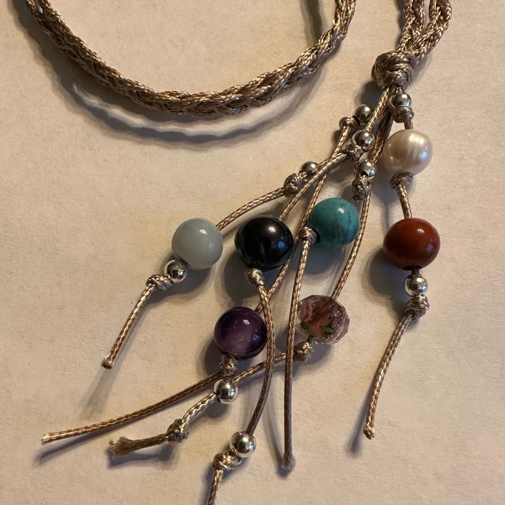 ARTISAN Gemstones and Pearls Braided Tan Cord Tassel Necklace 23 1/2” long - Picture 9 of 14